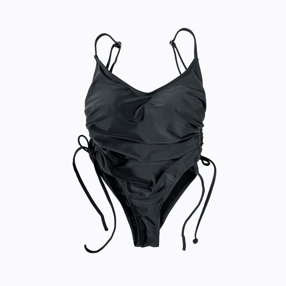 Black One-Piece Swimsuit Sm Side Tie Cheeky High Leg Swimwear Beach Resortwear